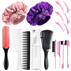 Pink Hair Brush Set Detangler Brush Satin Bonnet Nylon Bristle Brush Edge Tool Kit for Curly Hair Styling Detangling Multifunctional Haircare Sleeping