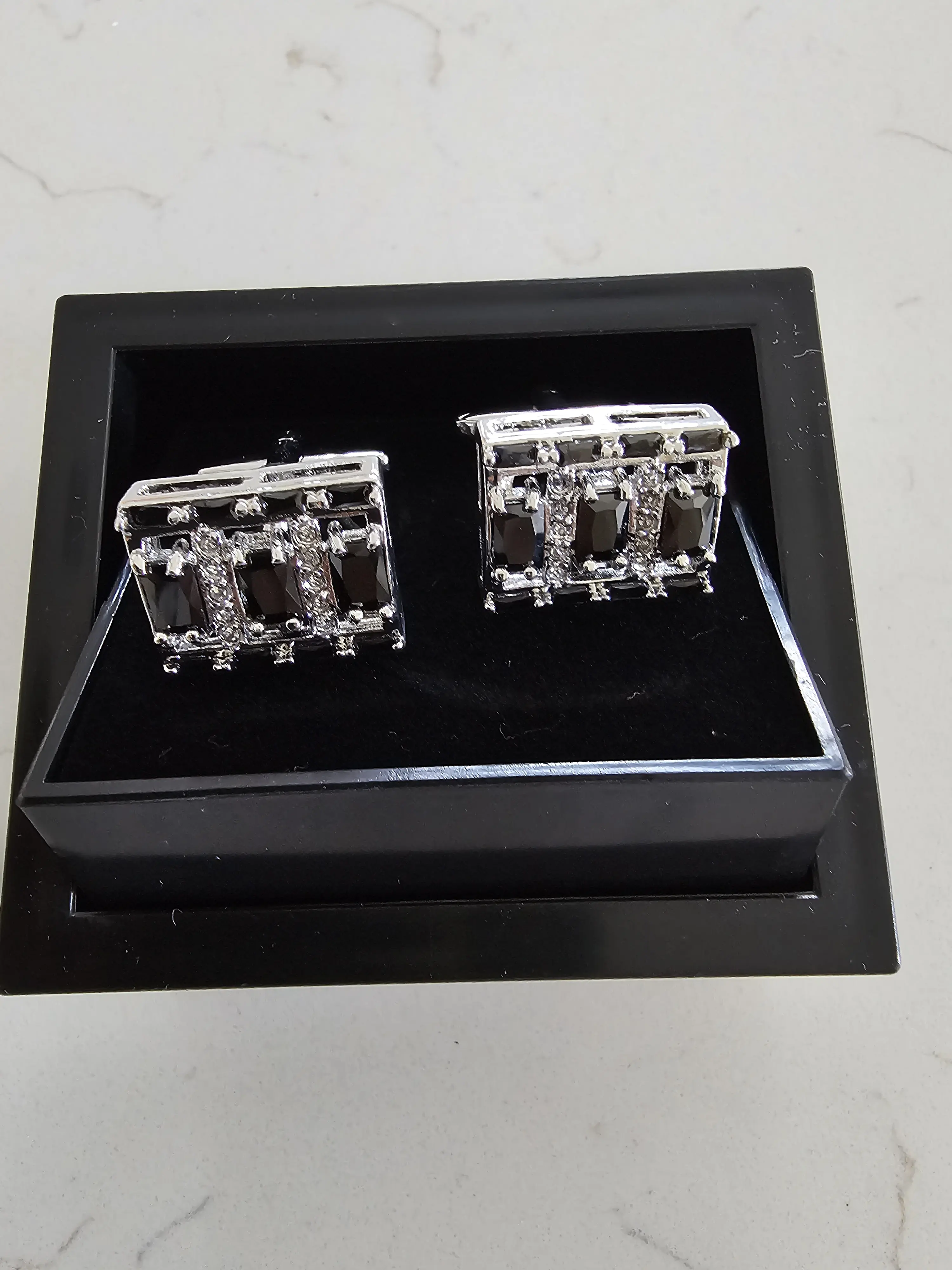 Rectangle Black Stone Cufflinks, Silver Crystal Mens Cuff Links, Vintage Geometric Suit Accessories, Groomsmen Gift Box Set
