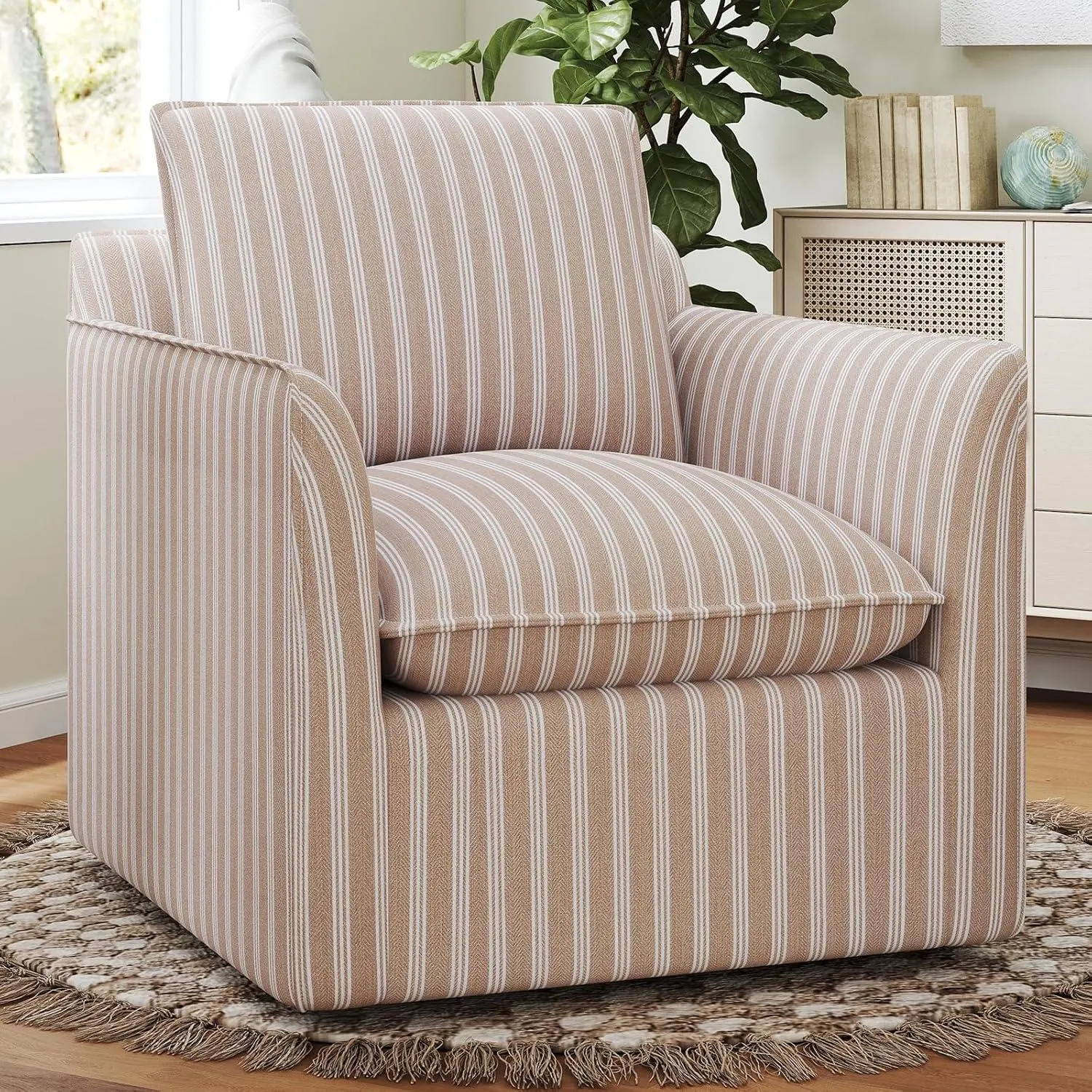 EBELLO Linen Fabric Upholstered Swivel Chair - Comfy Reading Lazy Chair with Fully Padded Cushions, Square Silhouette, Sturdy Wooden Legs, Heavy-Duty Metal Accents, Easy Assembly, Durable Seating for Living Room, Home Office, Comfy Reading Chair