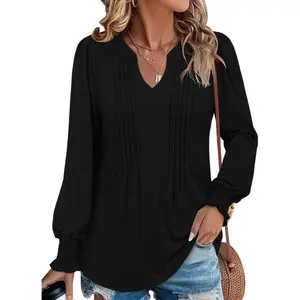 Angerella Long Sleeve Shirts for Women Fall Tops Dressy Blouses Pleated V Neck Tunic Tops for Leggings S-3XL