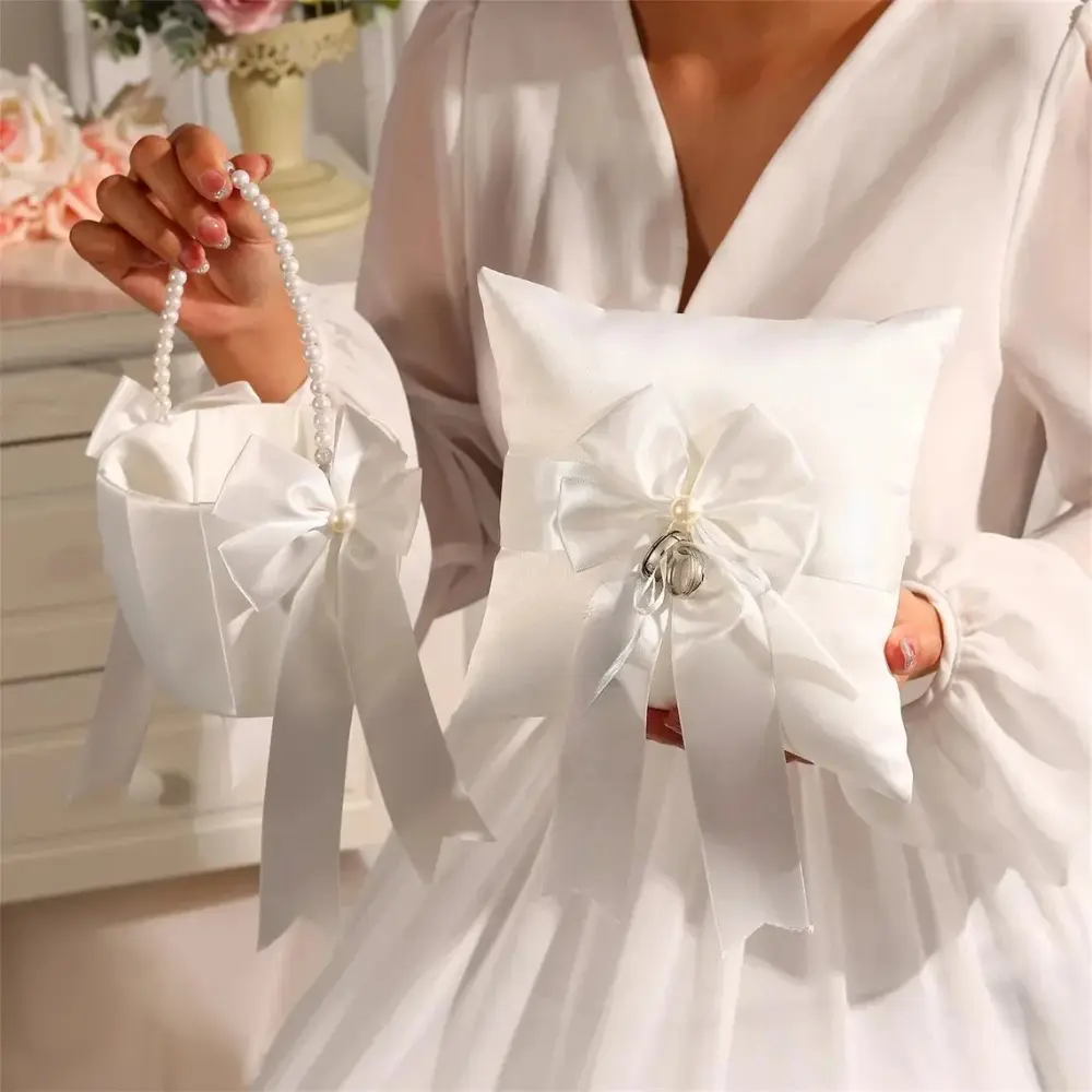 Ivory Flower Girl Basket and Ring Bearer Pillow Wedding Accessories Bride To Be Bachelorette Party Supplies Wedding Day Decor Decoration