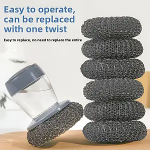 Household Automatic Liquid Dispensing Long-Handled Pot Scrubber Kitchen Cleaning Brush with Stainless Steel Sponge Head Refillable Powerful Stain Remover Essential Home Tool - Smooth scrub dish