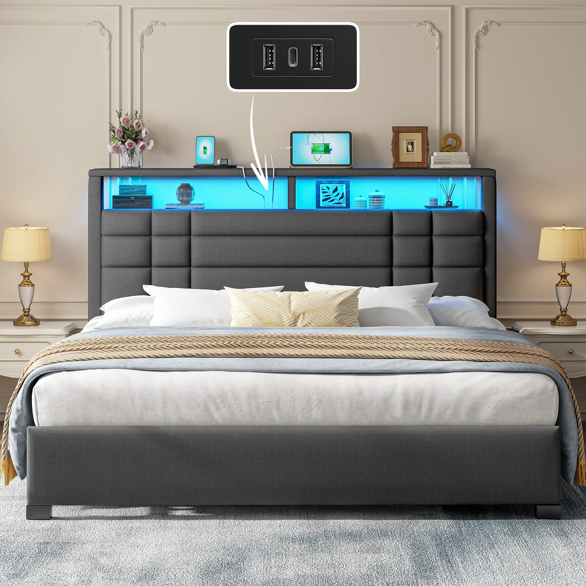 【Summerwins】Raybee Luxury Queen size Bed Frames with Headboard & 2 Storage Shelves, Upholstered Bed Frame with LED & USB Ports for Full Queen King, Modern Bedroom Furniture, No Mattress, No Noise, Metal Slats Holds up to 880lbs,Easy assembly,Teen Size Bed
