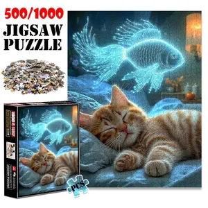 1pc 1000 piece adult puzzle 70x50cm Sleeping Orange - tabby Cat with Holographic Fish Illusion500 pieces of paper jigsaw puzzle, suitable for adults and families, large-scale DIY puzzle interactive