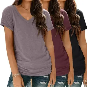 3 Pack V Neck T Shirts for Women Short Sleeve Tshirts Summer Casual Tops Loose  Basic Tees(Sheet)