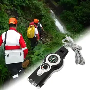 7-in-1 Survival Whistle with LED Light Thermometer Multifunctional Outdoor Emergency Gear for Hiking Camping Adventure