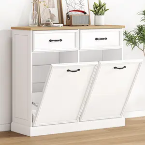 Tilt Out Trash Cabinet, Hidden Trash Storage Cabinet , Freestanding White Garbage Can Cabinet for Kitchen Dining Living Room