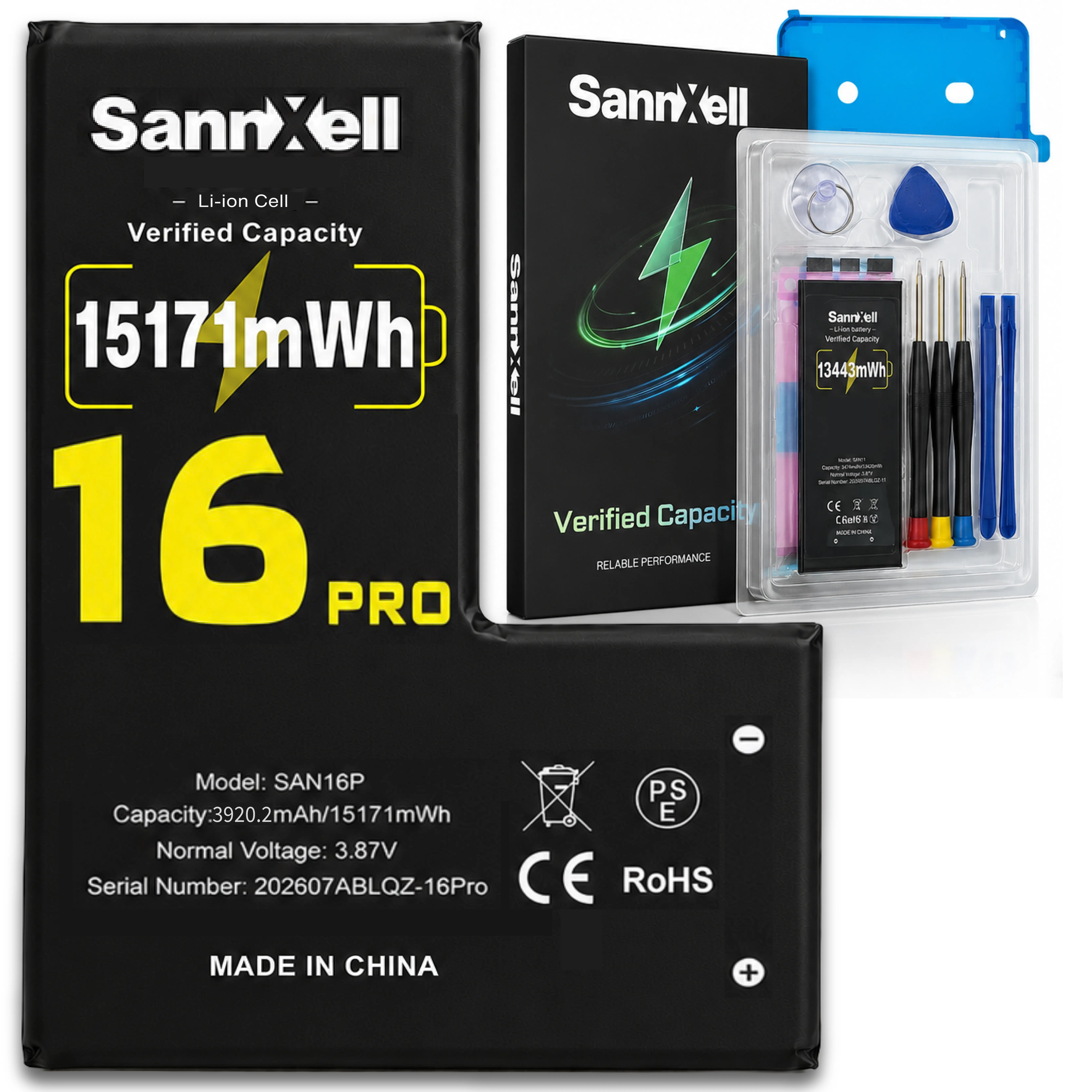 Sannxell Upgraded High Capacity Battery for iPhone 16 Pro Replacement, 15171mWh 0 Cycle A3083 A3292 A3293 A3294 Model, Ultra Long Lasting Li-ion Battery withFull Repair Tool Kit, Batteries, Cellphone