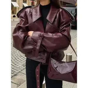 Autumn and Winter Burgundy PU Lapel Women's Leather Jacket Adjustable Cuffs Retro Motorcycle Jacket Red Womenswear