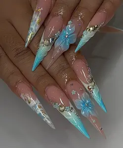 Aura Nails - Ocean Breeze Fantasy Press On Nails  3D Blue Floral & Shell Charms  Mermaidcore Aqua Ombre Nail Art  Handmade Long Stiletto Nails