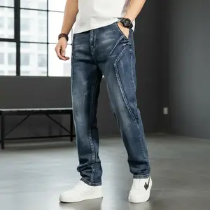 Men's 3D Panelled Engineered Denim Jeans, High Street Geometric Stitching Relaxed Fit Pants, Vintage Indigo Washed Tapered Streetwear, Modern Moto-Style Denim with Natural Fabric for Sneakers, Tee, Top Pairing