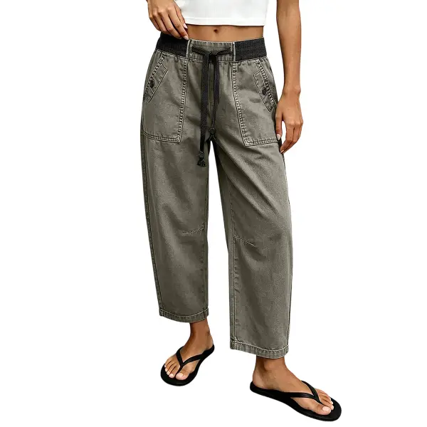 Flamingals Patch Pocket Drawstring Elastic Mid Rise Barrel Leg Crop Pants Womenswear Stretchy 25.2" Inseam