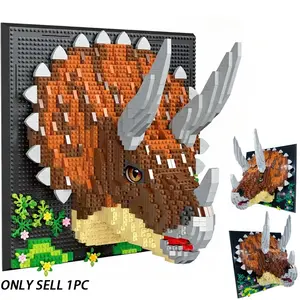 2000+pcs Dinosaur Theme 3D Building Blocks Wall Decor, Triceratops Pixel Art Puzzle Toy, Interlocking Puzzle, Creative Art Decoration, Adult Stress Relief DIY Craft Gift