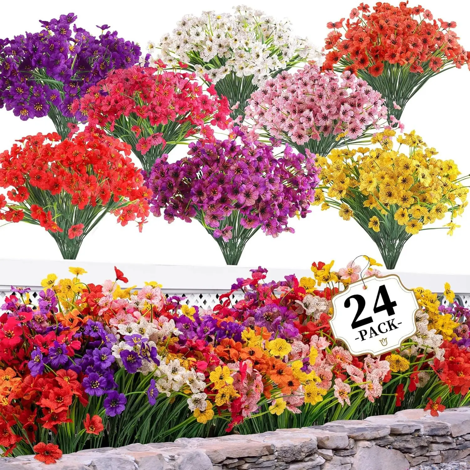 24 artificial flowers, suitable for indoor and outdoor use, Decorative faux flower plants, Faux floral decor, Artificial Flower Decoration, used in gardens, porches, windowsills, homes, weddings, farmhouses, Artificial Flowers For Outside (8 colors)