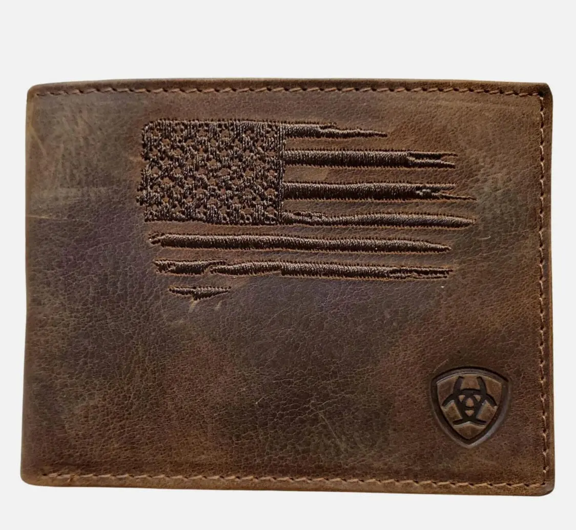 Ariat Patriotic Western Bi-Fold Wallet - Distressed Brown Leather, USA Flag, Shield Logo, Multi-Function, Stylish Gift for Men's Daily Use, Western Wallets, Brown Men's Wallets