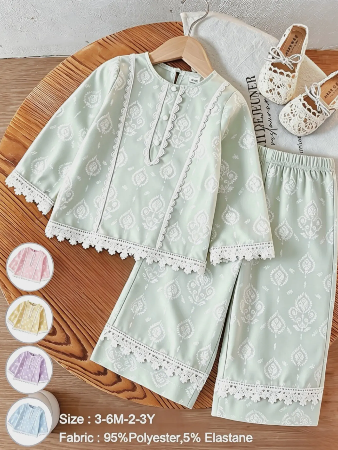 2-Piece Baby Girl Long Sleeve Set, Baby Clothing, Geometric T-Shirt with Flared Pants, Elegant Lace Trim, Stylish Casual Summer for Festivals