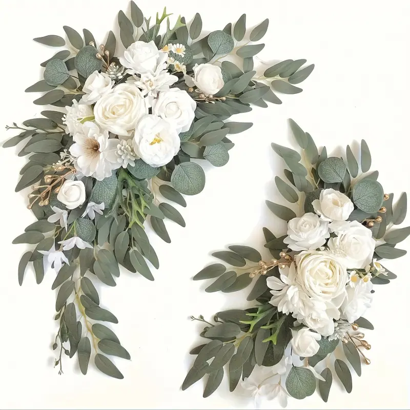 2pcs White Artificial Arched Flowers, Artificial Flower Garland, Floral Decoration, Suitable for Wedding Ceremonies, Birthday Party Decoration, Artificial Flower Decorations
