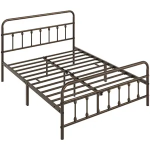 Costoffs Farmhouse Platform Bed - Queen Size Iron Bed Frame with Iron Art Headboard, High Footboard, Sturdy Metal Structure, Built-in Storage