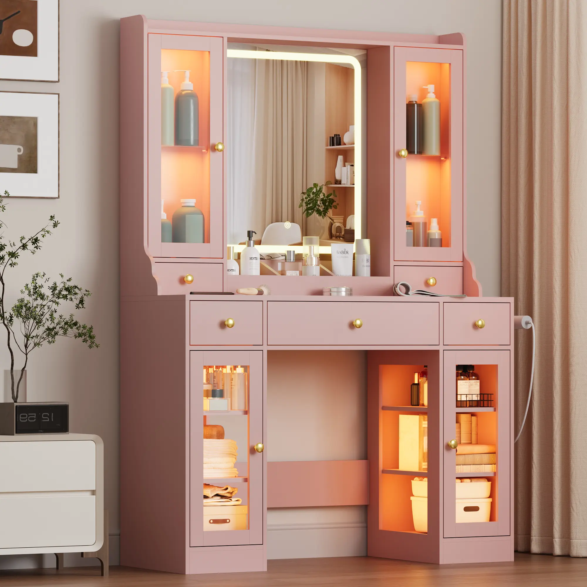 PINK Vanity Desk with Mirror and Lights, Makeup Vanity Table with Lighted Mirror, 5 Drawers & RGB Cabinet, Dressing Table Set with Charging Station for Girls Bedroom, 3 Lighting Modes fathers day gift ideas