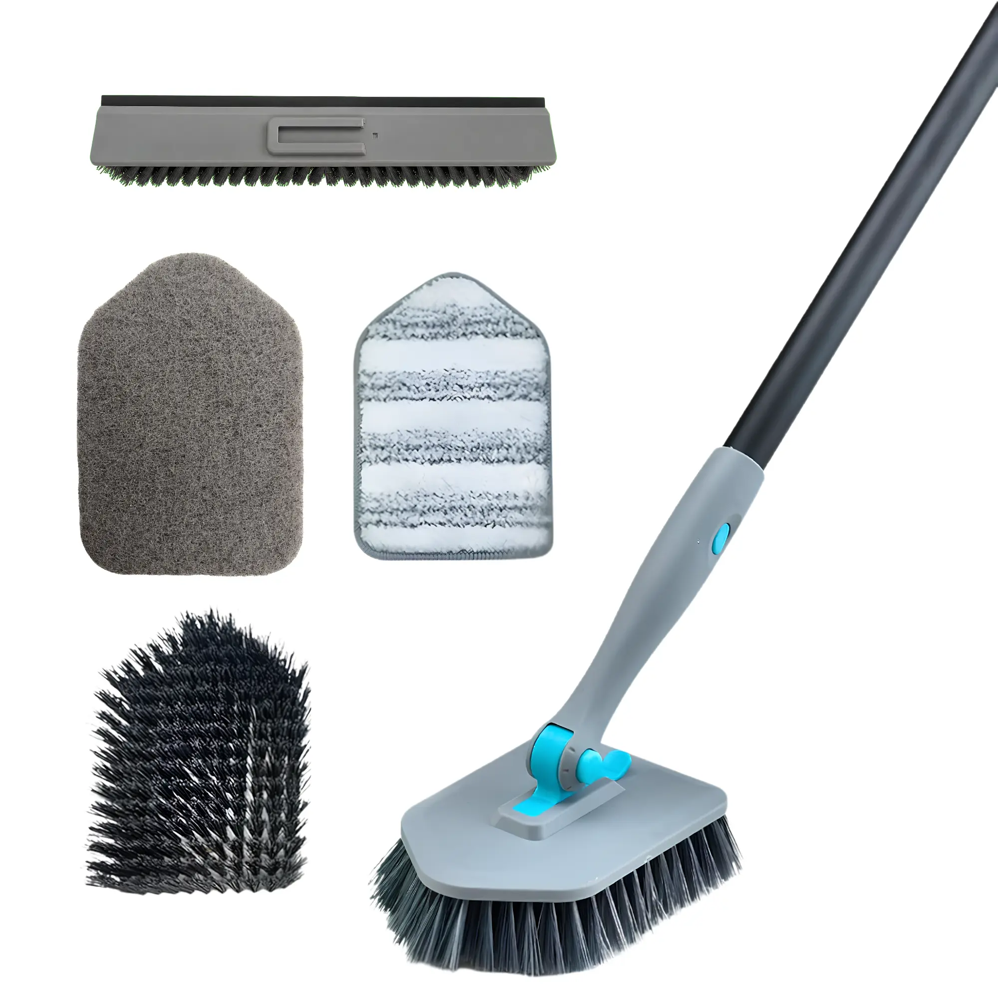 4-in-1 Plastic Shower Scrubber Brush Cleaner Set with Up to 56-in Long Handle, Adjustable Microfiber Wall Scrubber & Smooth Squeegee, Home Care Tools and Gadgets for Bathtub, Tile, Floor Cleaning, Up To 56 Inches