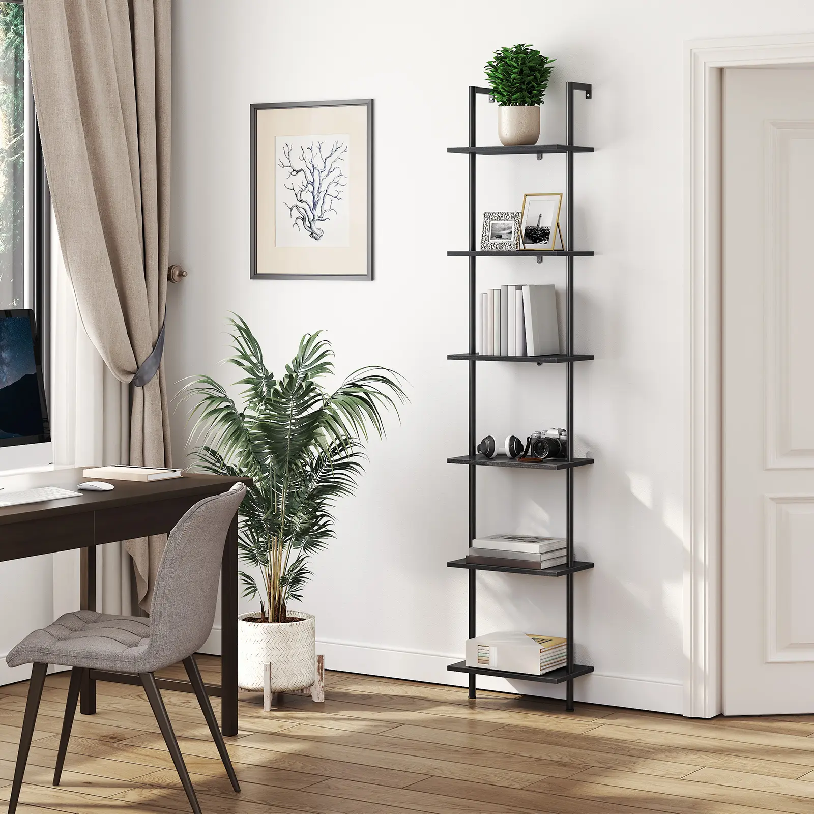 HOOBRO 6-Tier Wooden Wall Mounted Bookshelf, DIY Ladder Shelf, Narrow Bookcase, Display Shelf, Storage Rack, Plant Stand, for Living Room, Bedroom, Study, Balcony, Black #SummerVibes