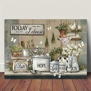 1 Piece Wooden Frame Canvas Painting Country Kitchen Picture Canvas Poster Floral Print Painting, Vintage Letters Print, Wall Art Home Decoration Inspirational Quote Canvas Wall Art Decoration Framed Ready to Hang Holiday Gift for Her or Him