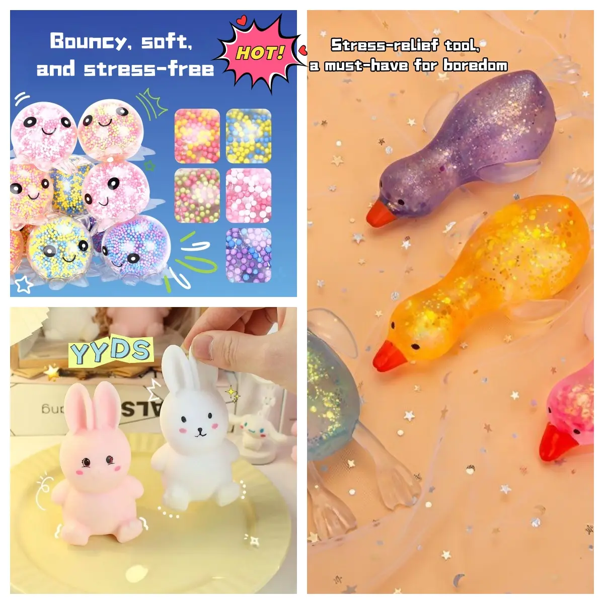 Soft Squishy Silicone 3-Piece Tough Sensory Bundle - Cute Designs Maltose Duck, Bunny, Glowing Toy Octopus Fidgets, Squeeze Ball, Mini Character Toys, 1 Size Stress Reliever for Commute, Classroom Rewards