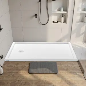 60x30 in Single Threshold Rectangle Acrylic PVC Shower Pan, White Slip-Resistant Bathroom Fixtures with Left Drain, Drain Cover, Shower Bath Accessory
