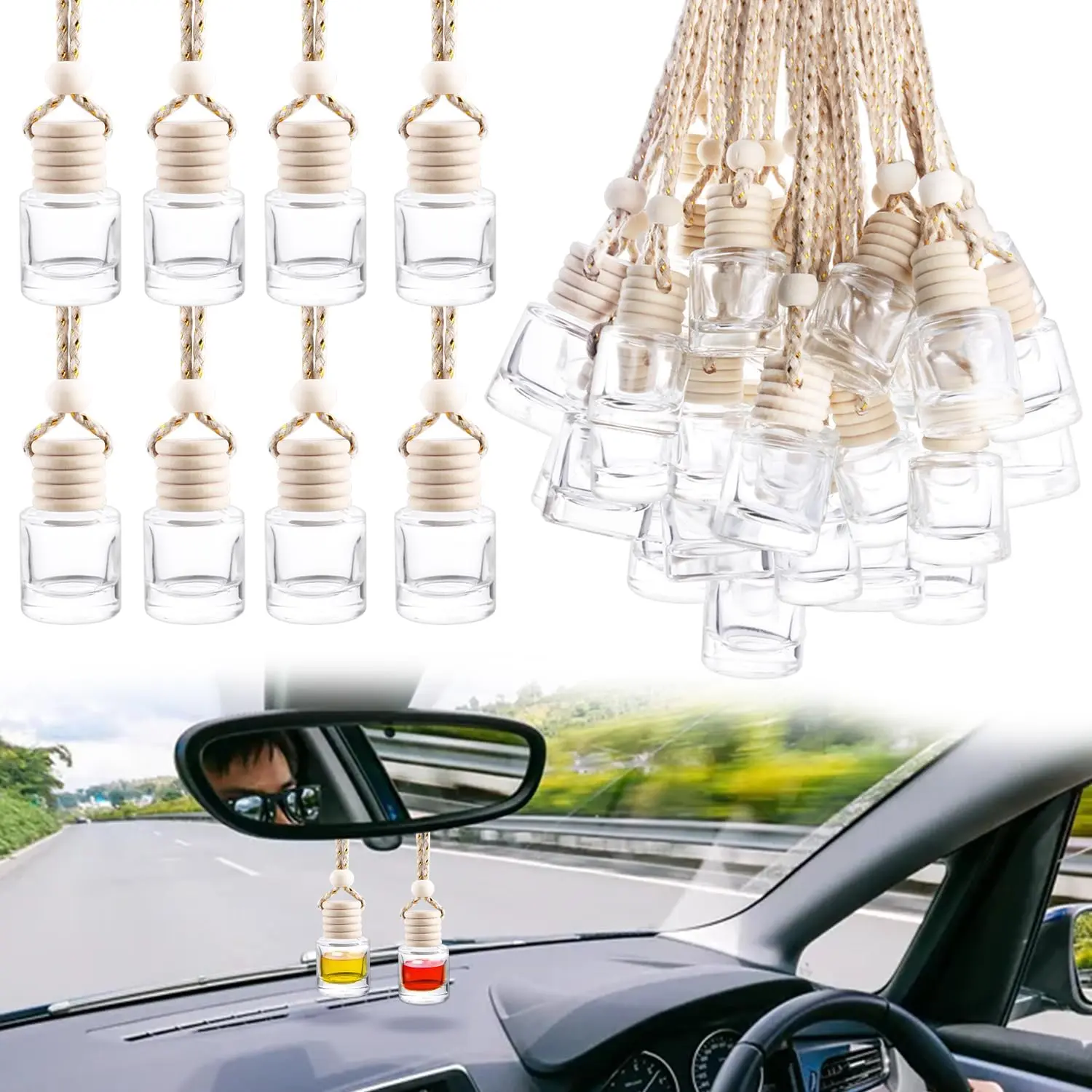 50 Pcs Portable Car Empty Essential Oil Diffuser Glass Bottles - Perfect Hanging Pendant Fragrance Containers, Good Gift for Family, Relaxing Living Room & Car Interior Aromatherapy Accessories