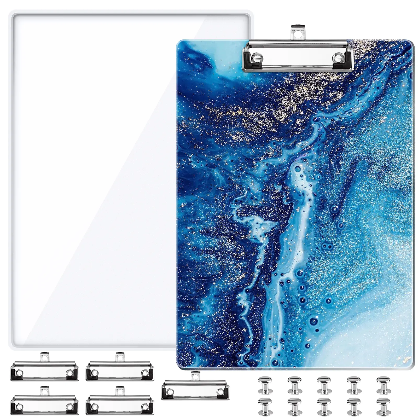A4 Letter Size Clipboard Epoxy Resin DIY Casting Soft Silicone Molds + 5 Stainless Steel Low-Profile Clips, Retractable Hanging Hole Write Pad Draw Board Document Holder School Office Business
