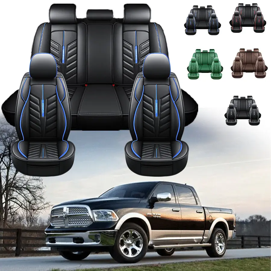 Dodge Ram 5-Seats Full Set High-Quality Vehicle Accessory in Black with Blue Stitching for Enhanced Comfort and Style, Leather Seat Covers, Car Seat Cushions