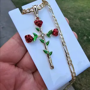 cross  with red roses necklace pendant
