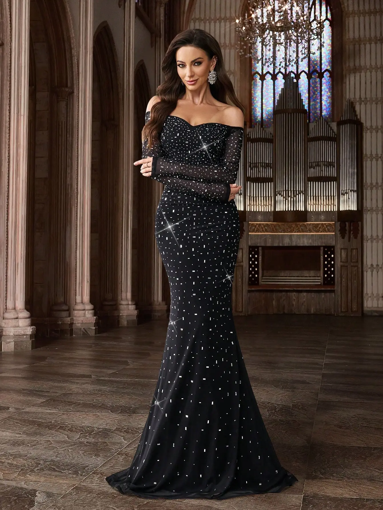 Off The Shoulder Rhinestone Mermaid Prom Dress Long Sleeve Formal Evening Gown Elegant Glamorous Mesh Party Dress