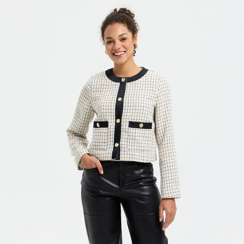 Women's Woven Polyester Cardigan Sweater - A New Day, Plaid Style, Breathable Fabric Pairing Option with Skirts, Check