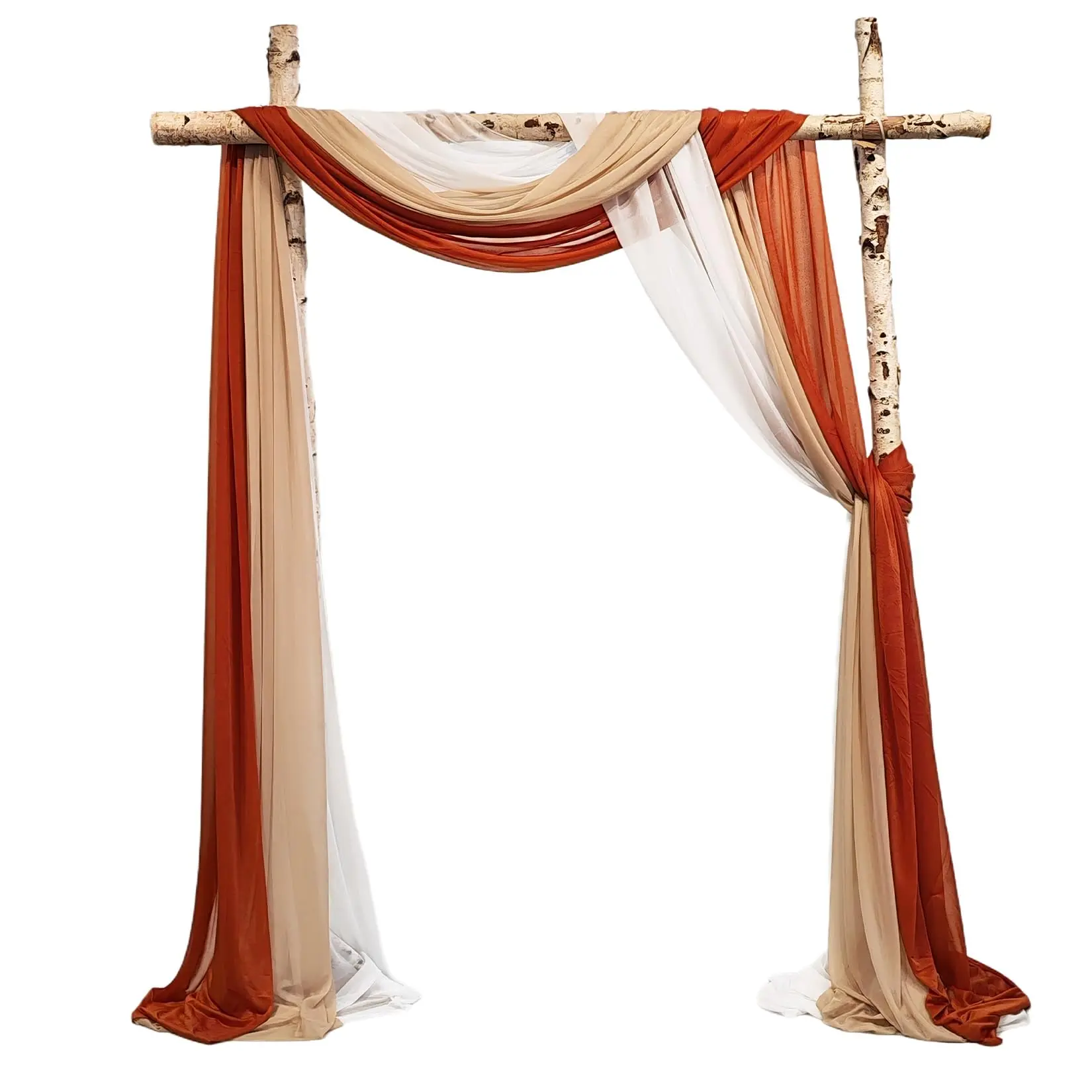 2.5x19.5 ft Wedding Arch Draping Fabric, 3 Panels Draping Fabric Arbor Drapery for Party Bridal Ceremony Backdrop Wedding Stage Reception Decorations, Light Brown, Brick Red & White