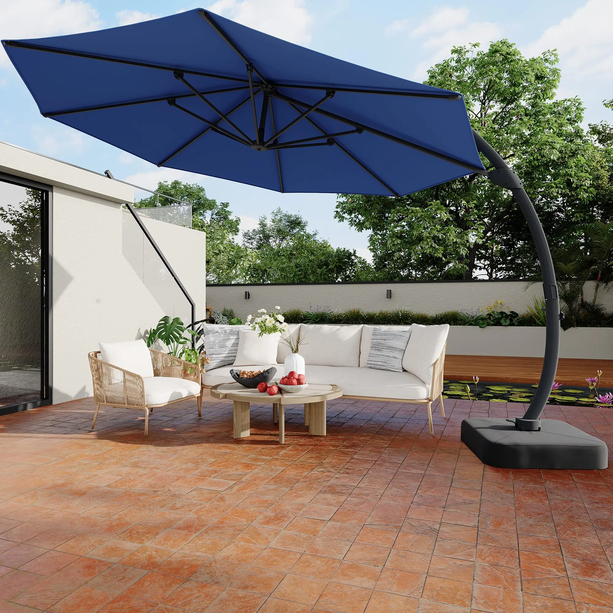 Garvee 11FT Cantilever Umbrella With Base Included, Outdoor Large Round Aluminum Offset Umbrella, Heavy Duty Offset Umbrellas with 360°Rotation