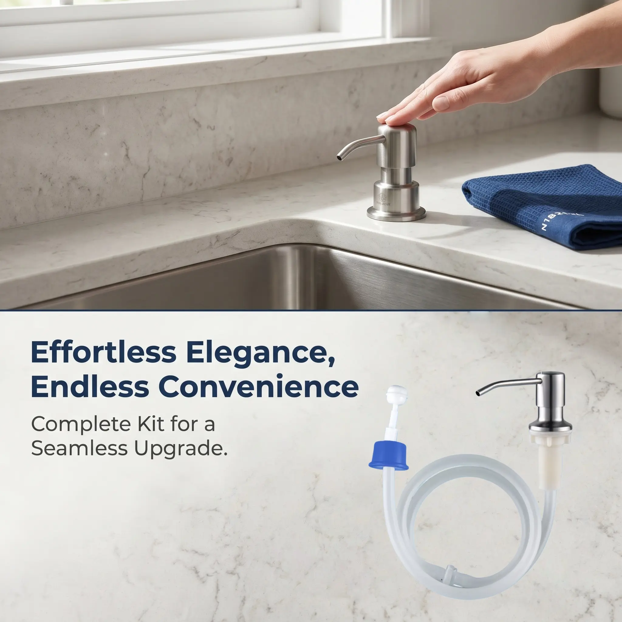Dish Soap Dispenser for Kitchen Sink (Brushed Nickel), Countertop Sink Soap Dispenser Water Pump with 39” No-Spill Extension Tube Kit, Suitable for Kitchen & Bathroom, Reduces Frequent Refills-MM1