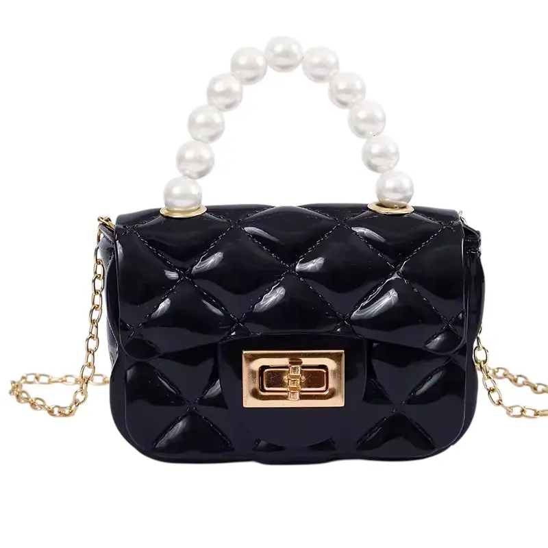 Women's Quilted Mini Jelly Handbag - PVC Crossbody Purse with Faux Pearl Handle, Detachable Gold Chain Strap, Cute, Lightweight, Textured, Casual, Elegant