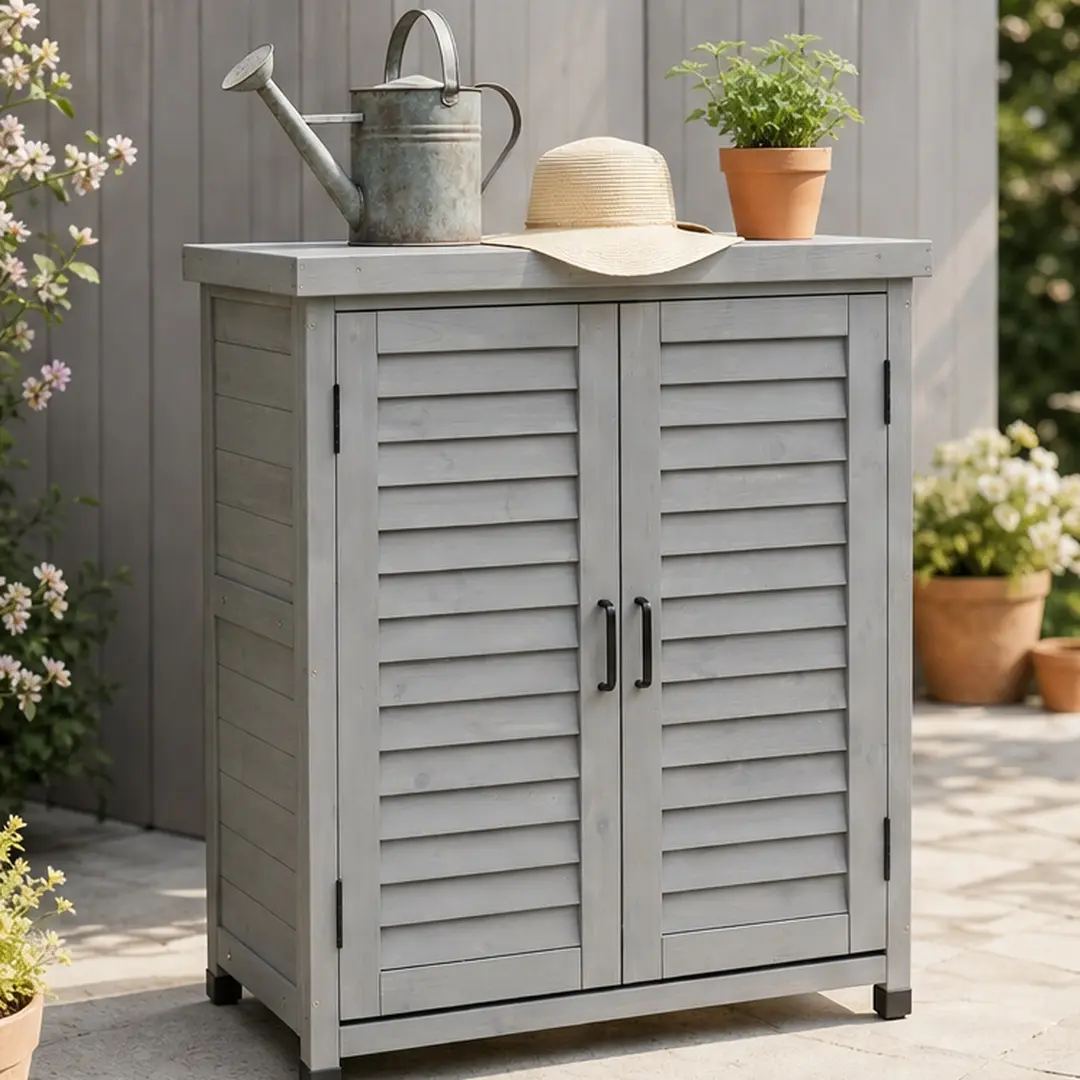 Solid Wood Potting Bench with Storage Cabinet and Metal Table Top, Grey Outdoor Garden Workstation, 31.5x17x36 Inches, Rustic Patio Furniture for Plants, Tools, and Supplies, Louvered Doors, Magnetic Closure, 220 lbs Capacity