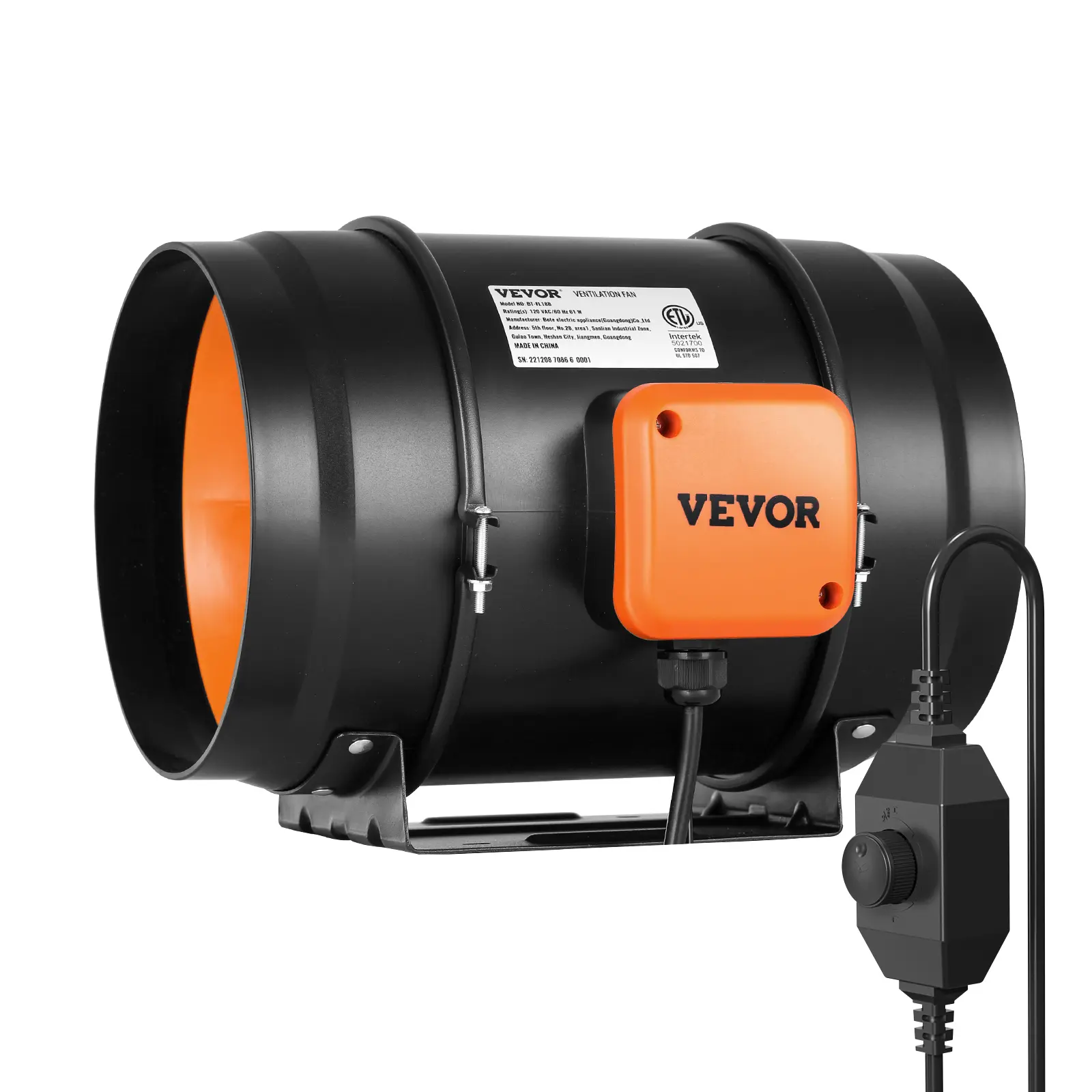 VEVOR 8-Inch Inline Duct Blower Fan, 750 CFM AC Motor Ventilation Ventilator with Manual Knob Variable Speed Controller, Quiet High-Quality Cooling Booster, Humidity Control, Simple Tweak, Hang-Up Sling Mount with Straps for Grow Tents, Hangup Sling Mount