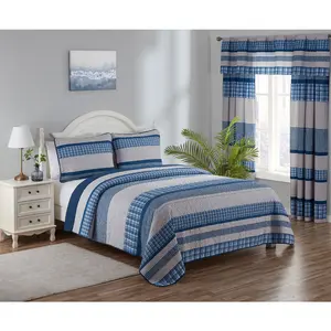 Legacy Decor Blue and White Patchwork Microfiber Quilt Bedspread Coverlet Set with 2 Shams Twin Size 68" x 90"