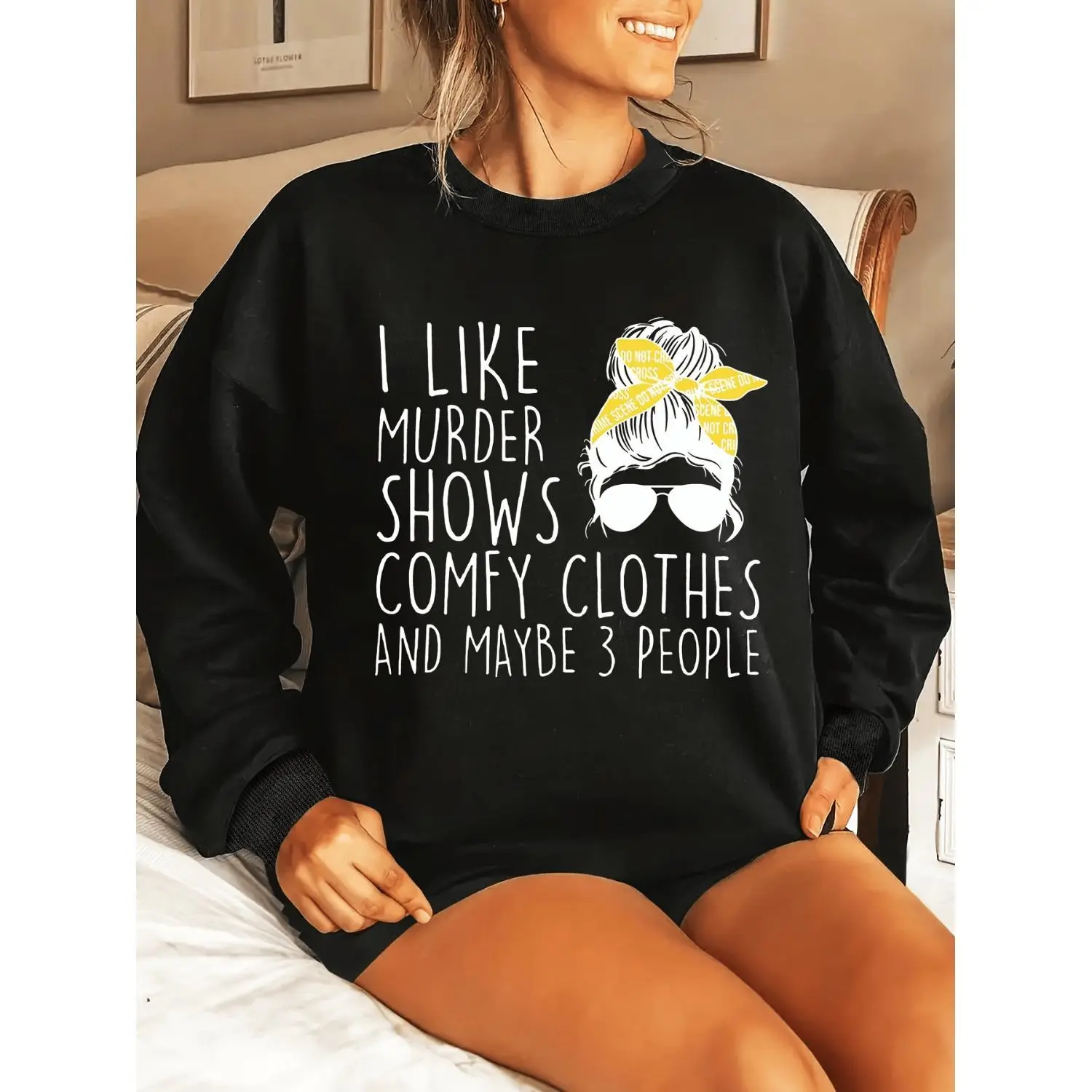 Plus Size Pullover Sweatshirt with Yellow Bow and Letter Print Oversized Round Neck Pullover