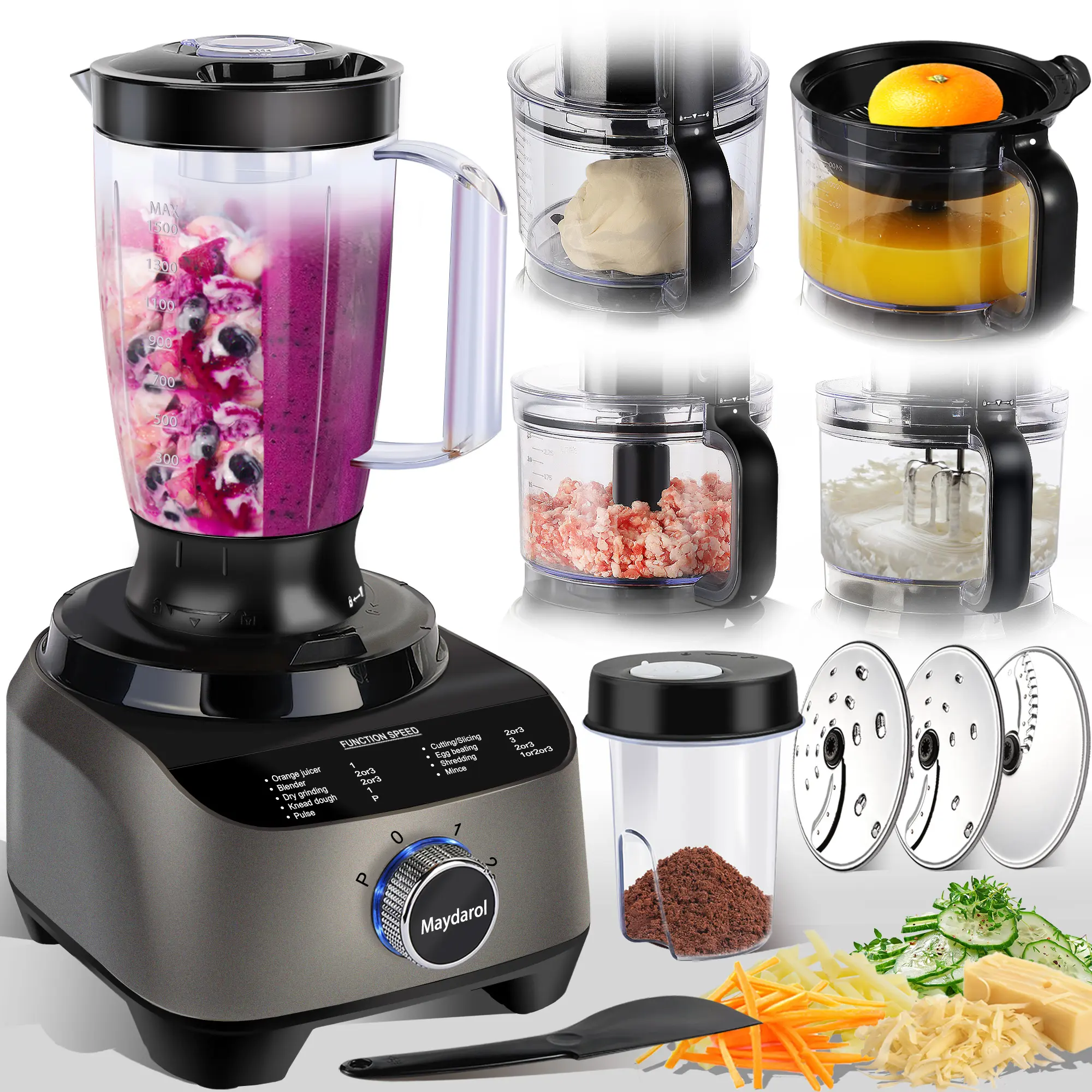 Maydaro 11-in-1 600W Plastic Food Processor-Blender Combo, 3 Speed+Pulse, 51oz (2.5L) & 1.5L Blender Jars, 14-Cup Capacity, Large Chute, Vegetable Slicer, Safety Lock, 24 Hours Attentive After-Sales Service, Multifunctional Kitchen Appliance