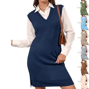 Lannew Womens Sleeveless Sweater Vest Dress Casual Chunky Knit V Neck Loose Slit Fall Tank Midi Dresses