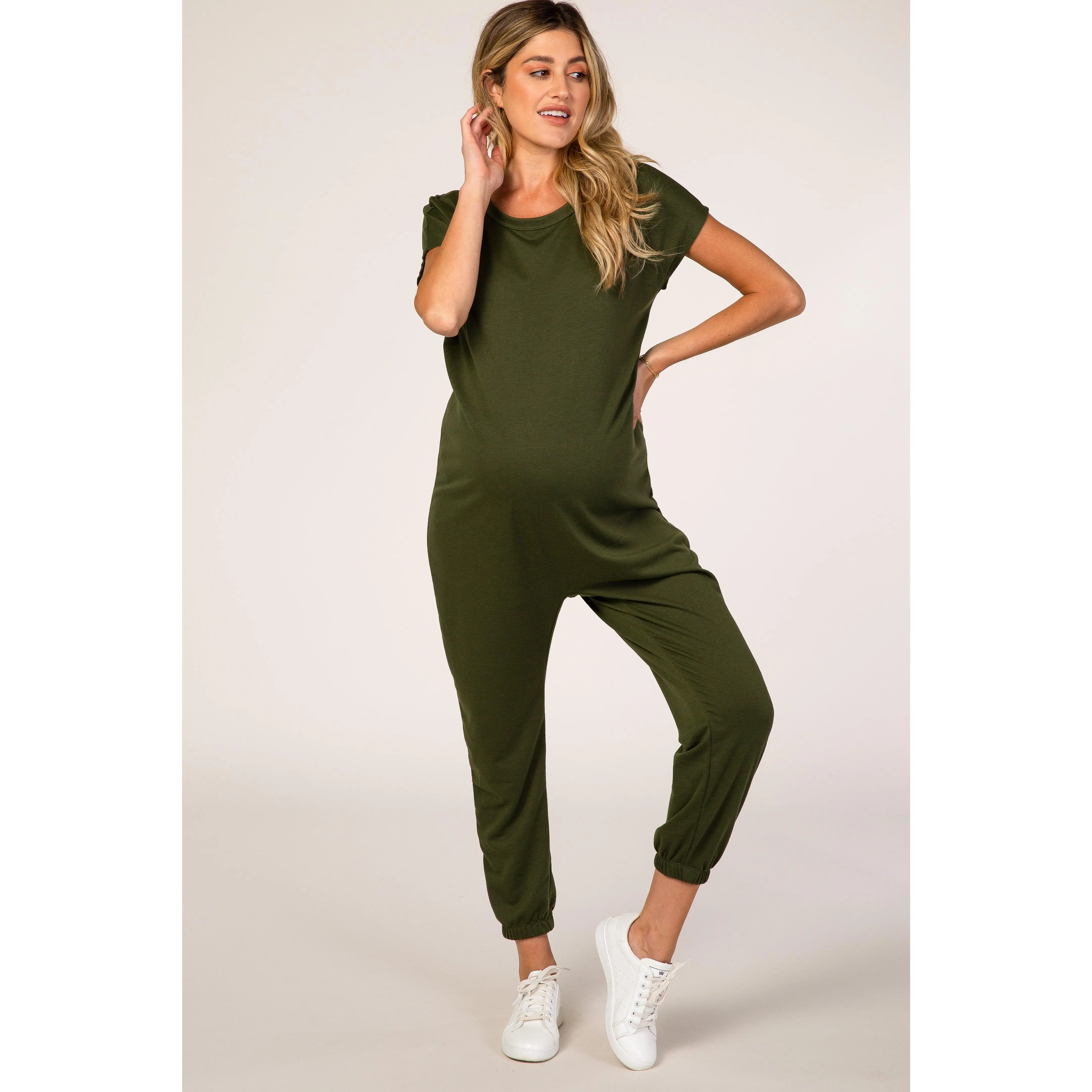 PinkBlush Olive Green Short Sleeve Maternity Jumpsuit