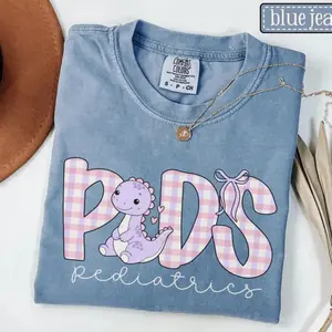 Pediatrics Dinosaur Comfort Colors Shirt • Personalized PEDS Nurse Animal Tshirt • PEDS ER Rn • Pediatric Dental • Pediatric Office Gingham