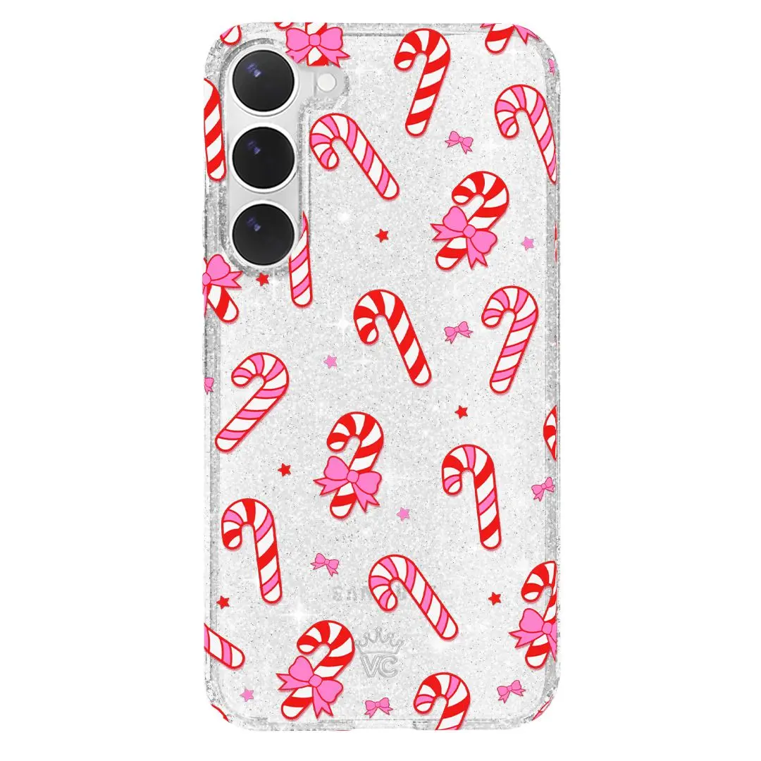 Velvet Caviar Peppermint Princess Samsung Case - Protective Clear Design with Silver Glitter & Adorable Candy Canes for Christmas