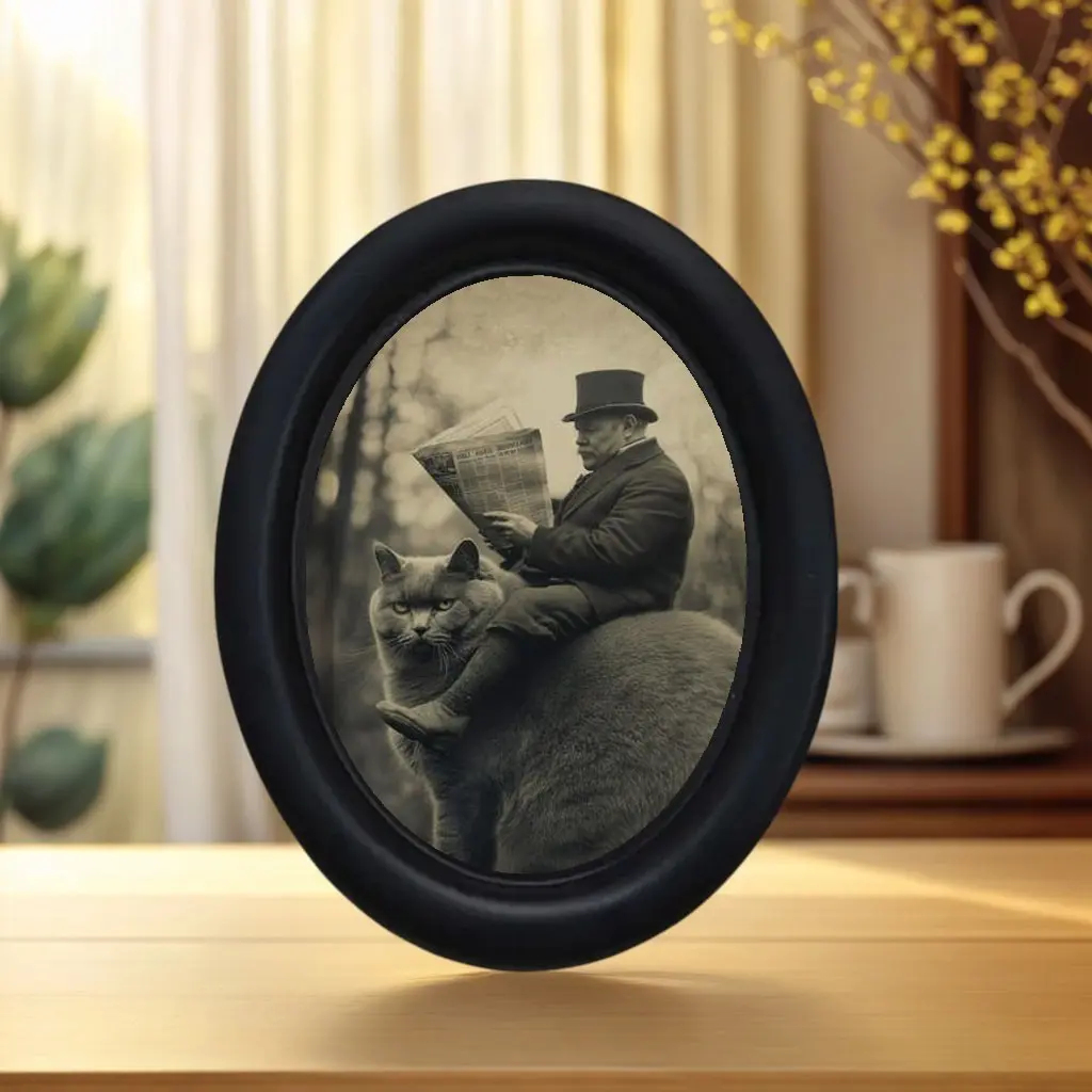 Vintage Funny Gentleman Riding Blue Cat Reading Newspaper Oval Photo Frame Artistic Wall Art, Fun and Retro Desk Wall Decor, Halloween Christmas Thanksgiving Home Office Decoration, Home Decor Products, Decoration Items