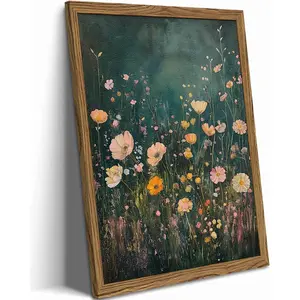 Textured Vintage Wildflower Wall Art, Green Flower Wall Decor Painting, Hand Drawn Sandstone Farmhouse Botanical Landscape Pictures Artwork for Living Room Bedroom(Poster only frameless)