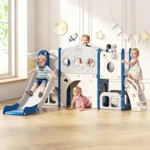 BIERUM 8-in-1 Toddler Slide & Playset with Basketball Hoop & Tunnel ，Indoor Outdoor Playground for Ages 1-3